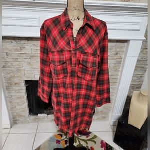Umgee red plaid fringed button down tunic dress shirt size medium‎